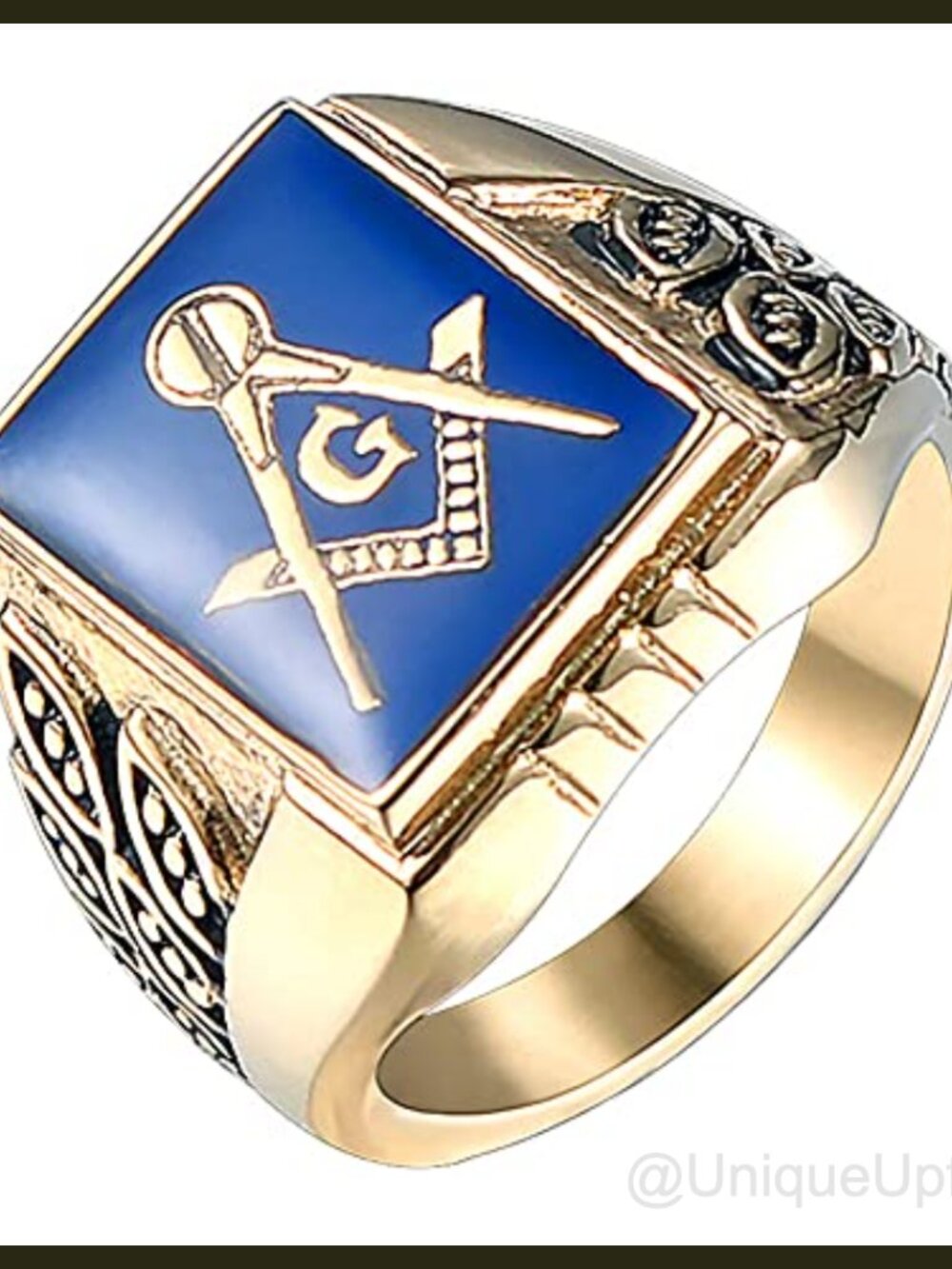 Masonic Signet Ring Stainless Steel Gold Plated Blue Lodge Master Mason Band